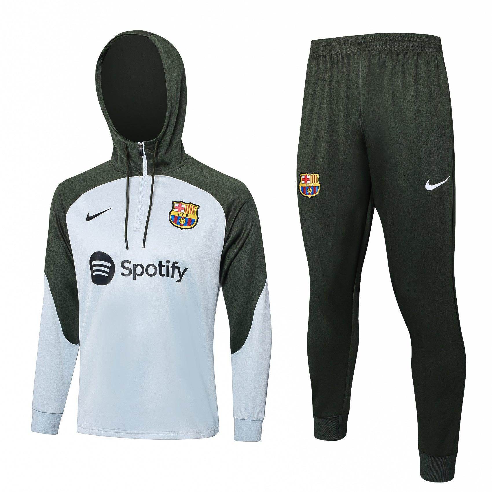 FC Barcelona White and Olive Green Tracksuit - JerseyLegacy